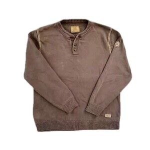 Life Is Good Brown Tight Knit Henley Cotton Pullover Sweater Mens Large Gorpcore
